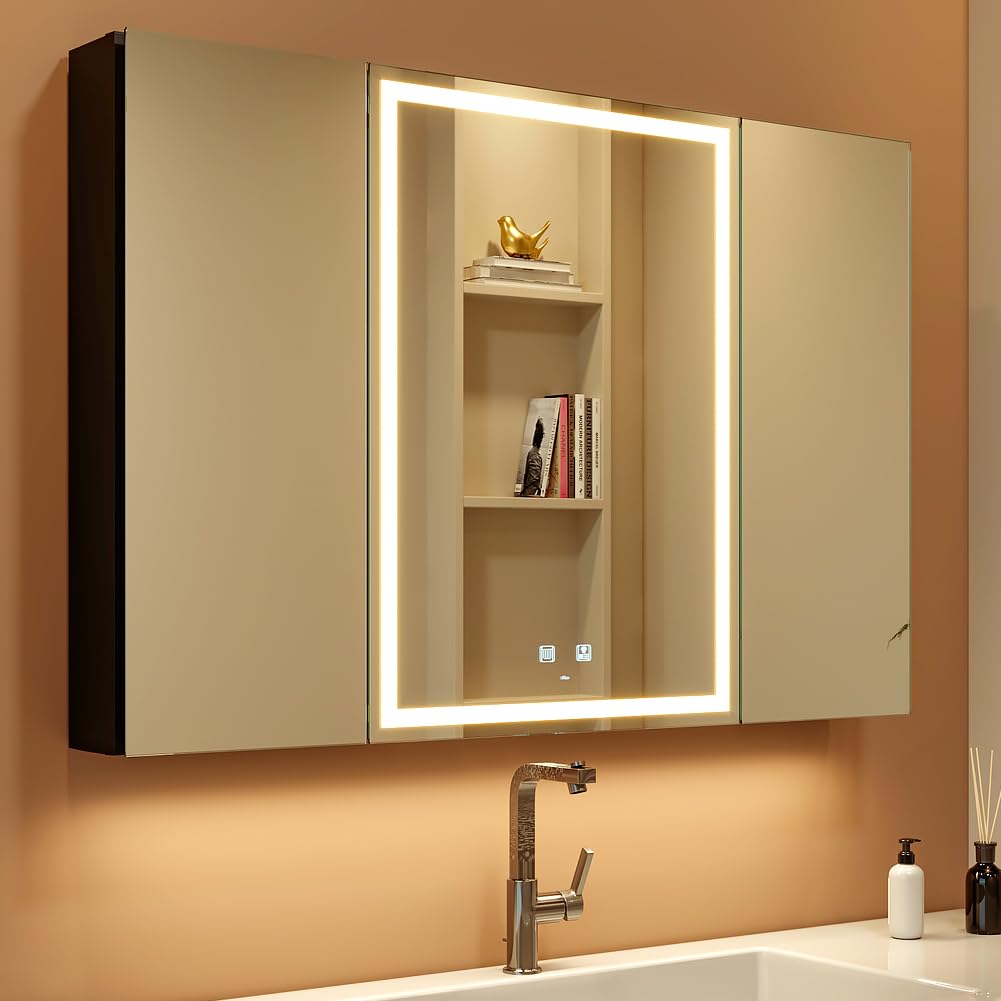 KWW LED Beleuchtetes Badezimmer Medizin Kabinett mit Spiegel, Farbtemperatur Einstellbar, Anti-Nebel Dimmbare Lichter, Steckdosen für USBs (80 x 70 cm)