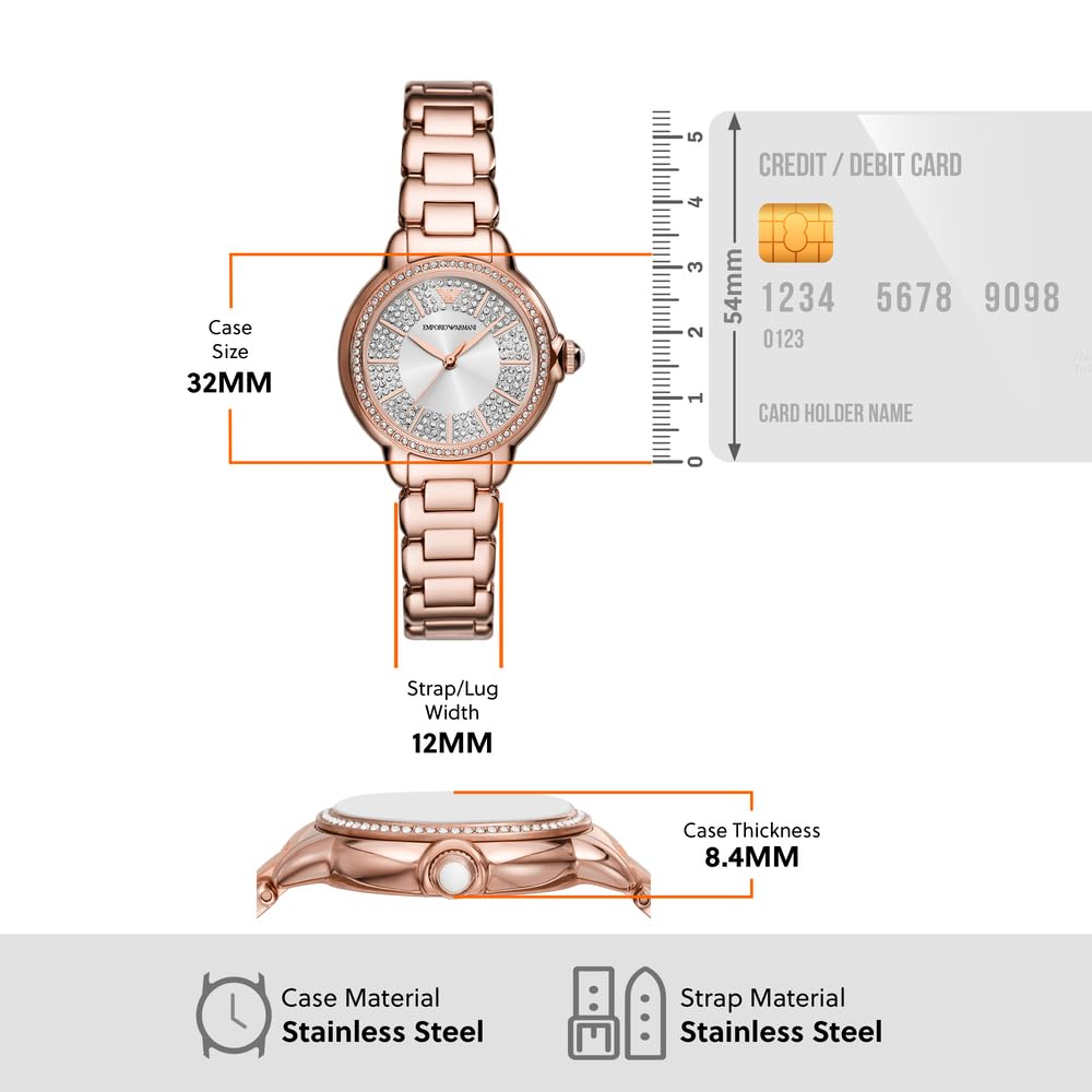 Emporio Armani Damenuhr, Dreizeiger Quarzwerk und 32mm Gehäusegröße mit Edelstahl-, Leder- oder Silikonarmband