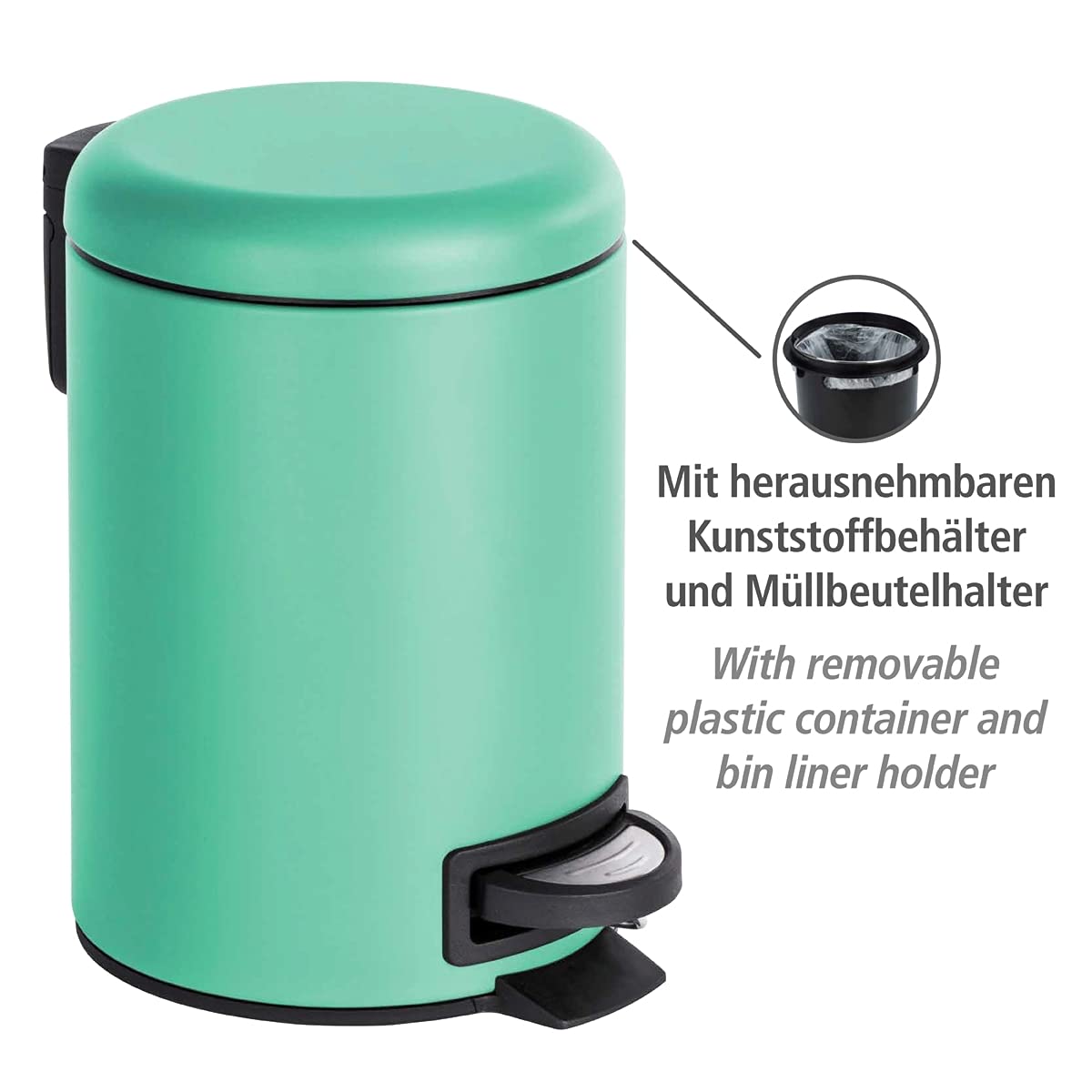 WENKO Treteimer Mod. Leman 3 Liter mit herausnehmbarem Einsatz aus lackiertem Stahl ideal für Badezimmer oder Küche 17 x 25 x 22,5 cm Schwarz matt