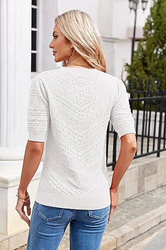 Women's Short Sleeve Knit Sweater – Casual Round Neck Puff Sleeve Pullover