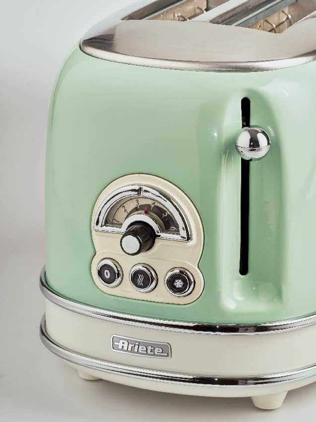 Ariete Vintage 155, 2-Scheiben-Toaster, Retro Toaster mit 6 Toaststufen, Automatischer Auswurf, Auftaufunktion, Herausnehmbares Krümelfach, Gehäuse aus Edelstahl, mit Sandwichzangen, 810W, Vert