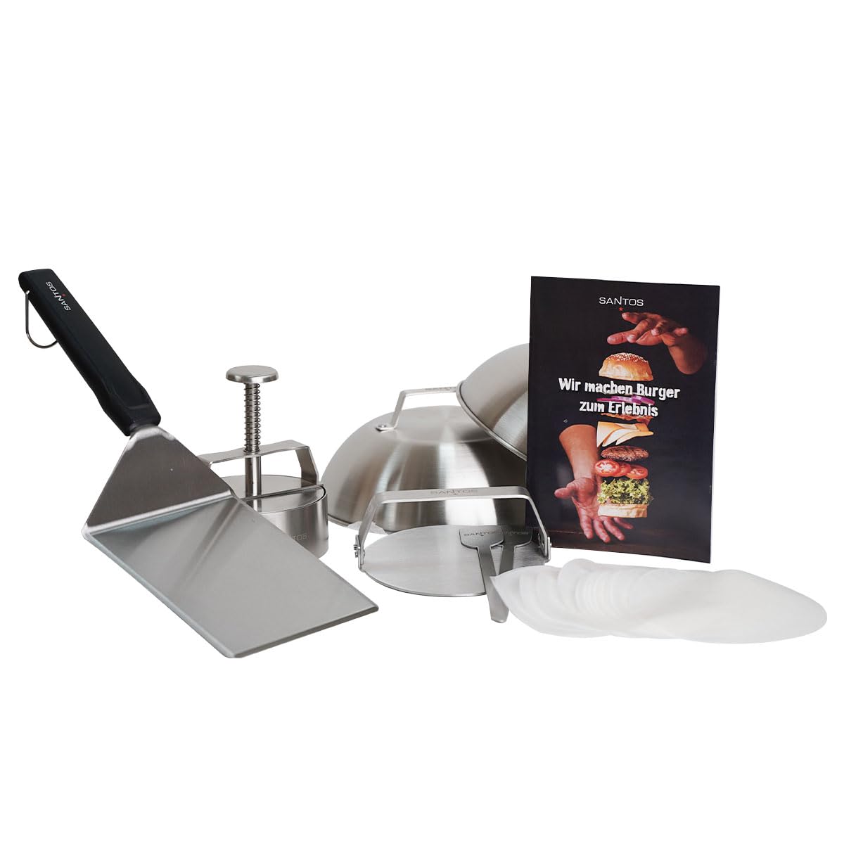 SANTOS Burger Set - 10 pieces: stainless steel press, turner, smasher, melting bells & skewers for perfect burgers - ideal for BBQ & grill parties