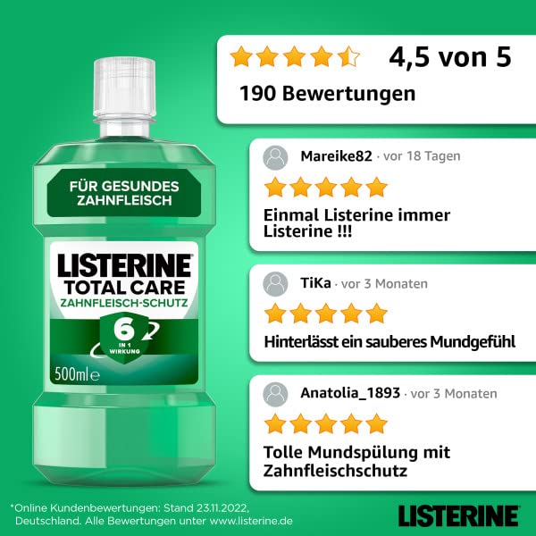 LISTERINE Total Care Zahnfleisch-Schutz (6 x 500 ml), antibakterielle Mundspülung mit Fluorid für gesundes Zahnfleisch, Zahnpflege Mundwasser reduziert Zahnbelag mit 6 in 1 Wirkung