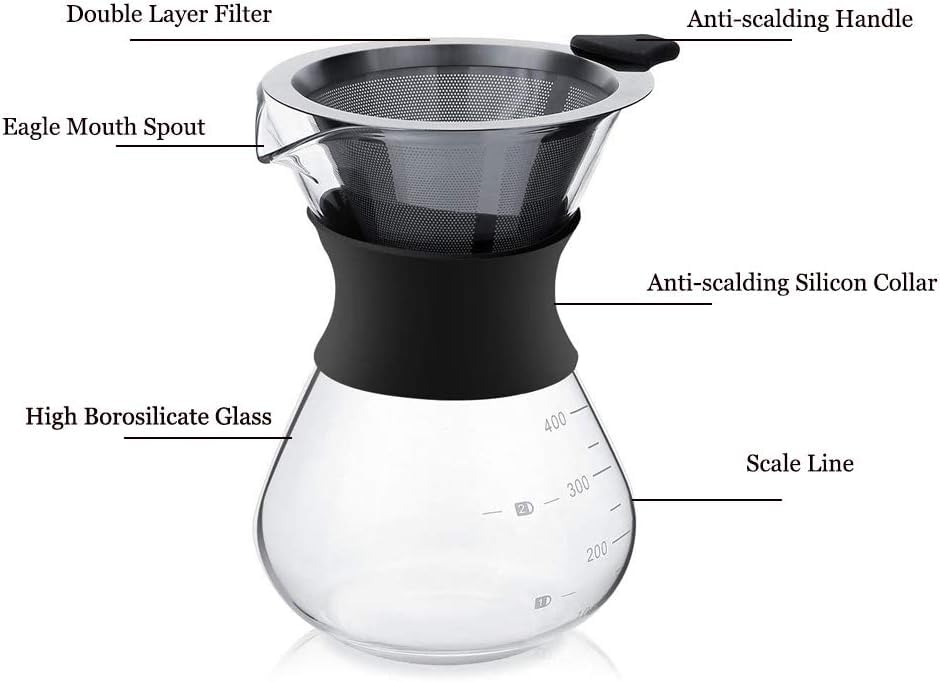 YunNasi Pour Over Kaffeebereiter Hand Kaffee Edelstahl Handfilter aus Glas mit Permanentfilter Schwarz