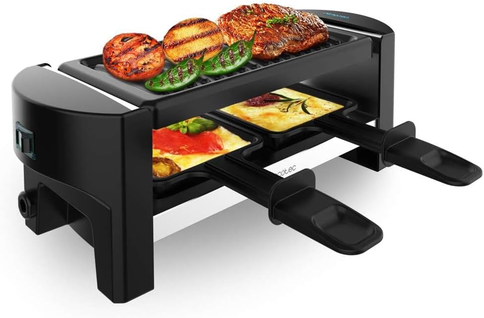 Cecotec Holz Raclette Käse & Grill 8200 Holz Schwarz. 1200 W, Grillfläche, 8 Einzelpfannen, Antihaftplatte, einstellbarer Thermostat, abnehmbares Design (Holz, AllStone)