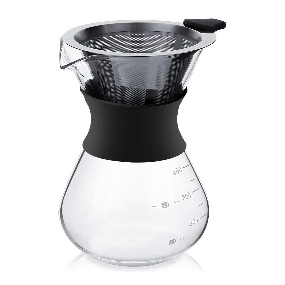 YunNasi Pour Over Kaffeebereiter Hand Kaffee Edelstahl Handfilter aus Glas mit Permanentfilter Schwarz