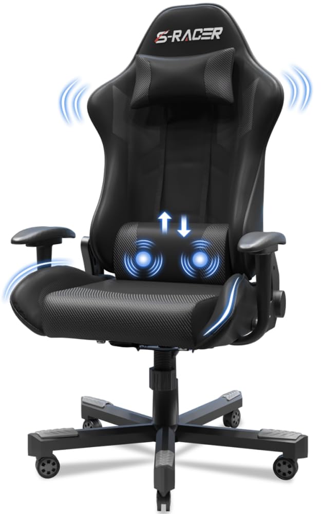JUMMICO Massage Gaming Chair, Office Chair Ergonomic with Lumbar Support, Computer Chairs Racing Office Chairs Armchair, Height Adjustable Deck Chair Desk Chair 150kg Load Capacity, White