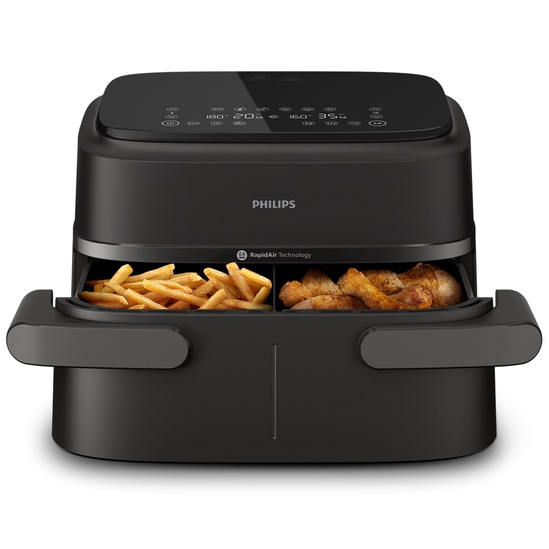 Philips Airfryer Dual Basket 3000 Series, 9L, 2 Körbe, 2 Gerichte gleichzeitig fertig, RapidAir Plus Heißlufttechnologie, 90% weniger Fett, Energieeffizient, HomeID Rezepte-App