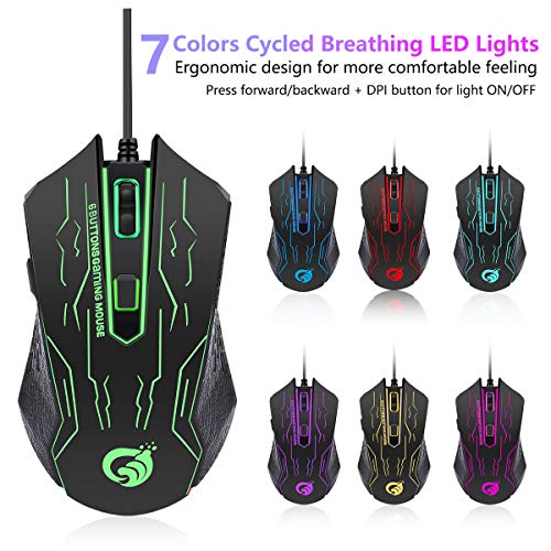 BAKTH Gaming Keyboard and Mouse Set, LED Backlight QWERTZ DE Layout, Rainbow Colors Illuminated USB Waterproof Keyboard and Mouse with 3600 DPI for Pro PC Gamer
