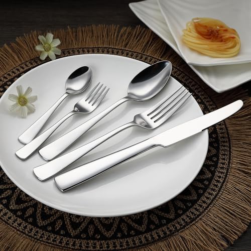 Essbesteck-Set mit Eckiger Rand, Edelstahl, 20 Stück Set, für 4 Personen, Silberfarben
