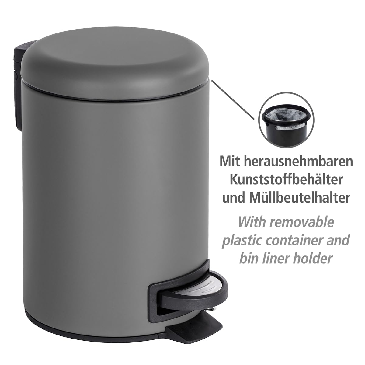WENKO Treteimer Mod. Leman 3 Liter mit herausnehmbarem Einsatz aus lackiertem Stahl ideal für Badezimmer oder Küche 17 x 25 x 22,5 cm Schwarz matt