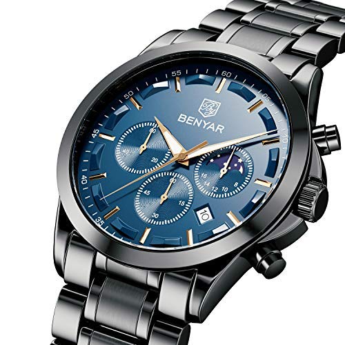 BY BENYAR Uhren Herren Chronograph Analog Quarz Wasserdicht Armbanduhr Herren Mode Lässig Business Herrenuhr mit Kalender Lederarmband/Edelstahlarmband Uhr Geschenk für Männer