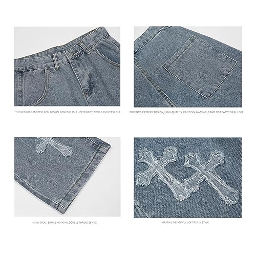 Y2K Vintage Effect Baggy Jeans for Men with Cross Print
