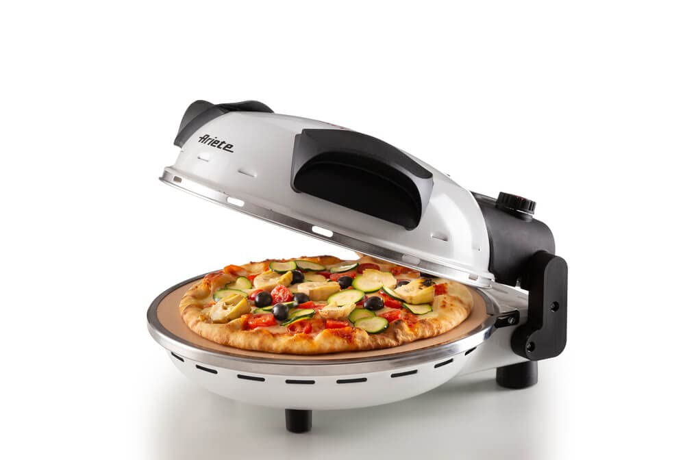 Ariete Pizzaofen 919, 4-Minuten-Pizza, Pizzaofen mit 5 Garstufen, Feuerfeste Platte zum Wiederaufwärmen, Holzbrettchen im Lieferumfang Enthalten, Max. Temperatur 400°C, 1200W, Rot
