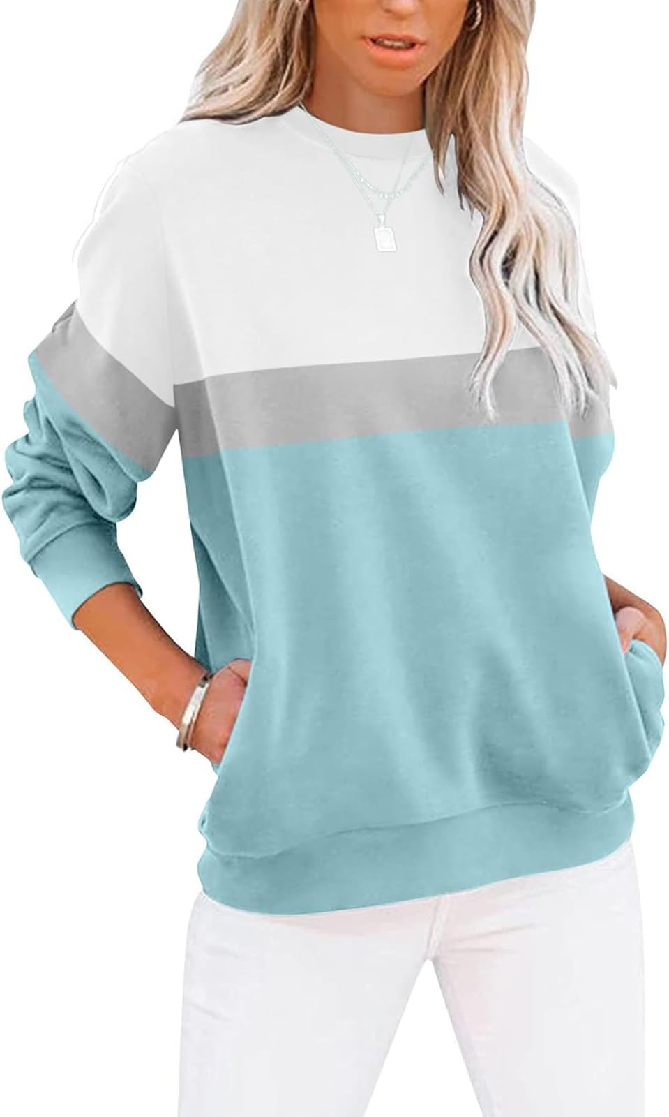BUHIM Women’s Colorblock Sweatshirt – Casual Crewneck Long Sleeve Pullover