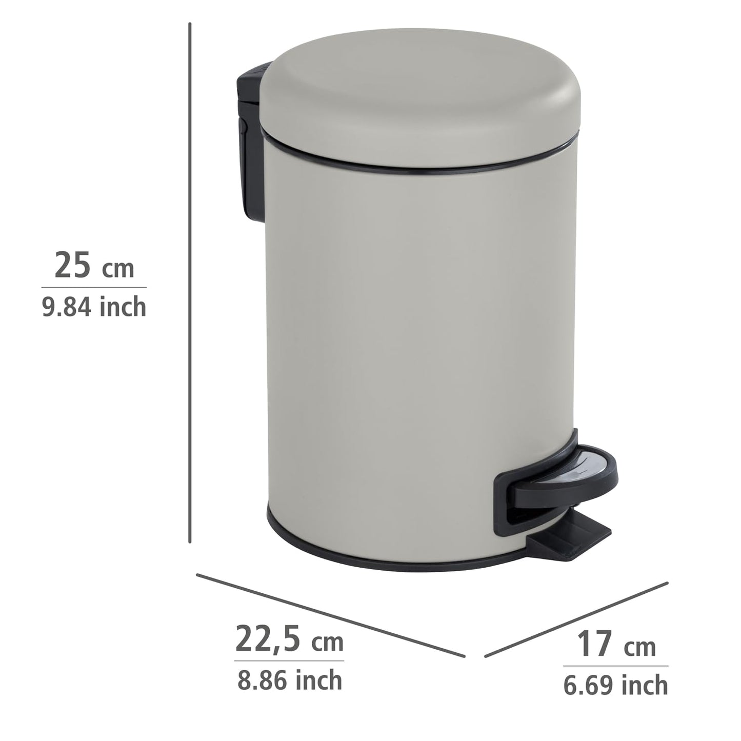 WENKO Treteimer Mod. Leman 3 Liter mit herausnehmbarem Einsatz aus lackiertem Stahl ideal für Badezimmer oder Küche 17 x 25 x 22,5 cm Schwarz matt