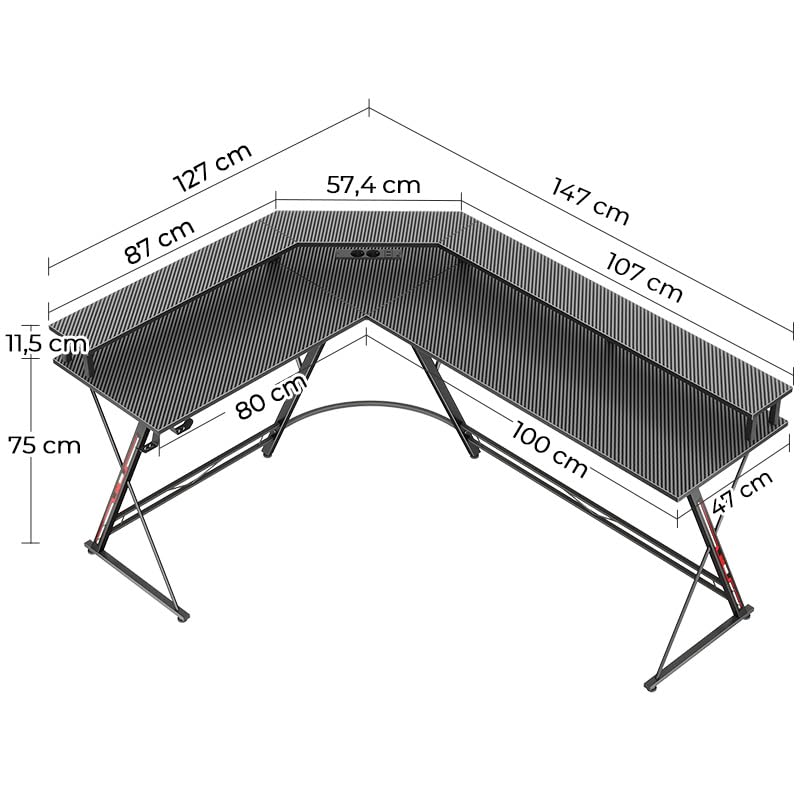 SEVEN WARRIOR Gaming Tisch, Schreibtisch mit LED, Steckdosen, Eckschreibtisch mit Monitorständer, 2 Haken, Ergonomischer Computertisch L Form, 127cm