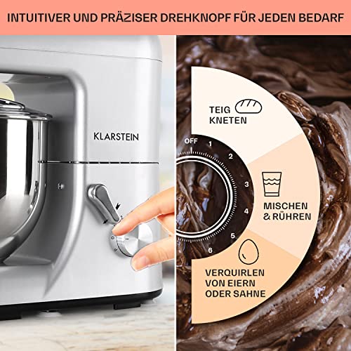 Klarstein Küchenmaschine, Knetmaschine mit 5L Schüssel, 1800W Profi Küchenmaschine mit Knethaken und Schneebesen, Universal Küchenmaschine mit 6 Stufen, Teigmaschine zum Rühren, Kneten und Aufschlagen