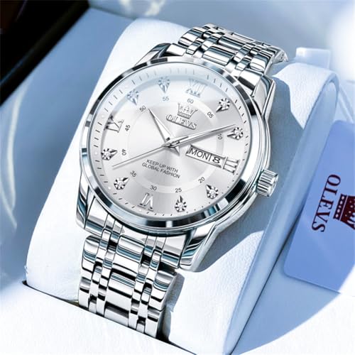 OLEVS Uhren Herren, Klassisches Diamant Edelstahl Wasserdicht Leuchtend Quarzuhr Herren, Römische Ziffern Tag Datum Analoge Geschäft Uhr für Herren