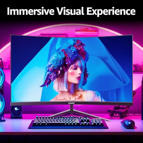 Gawfolk Curved Monitor 27 Zoll 100Hz, PC Bildschirm mit Lautsprecher 1080P, 1800R 75Hz Computerbildschirm mit Eye Care Technologie HDMI VGA, unterstützt VESA