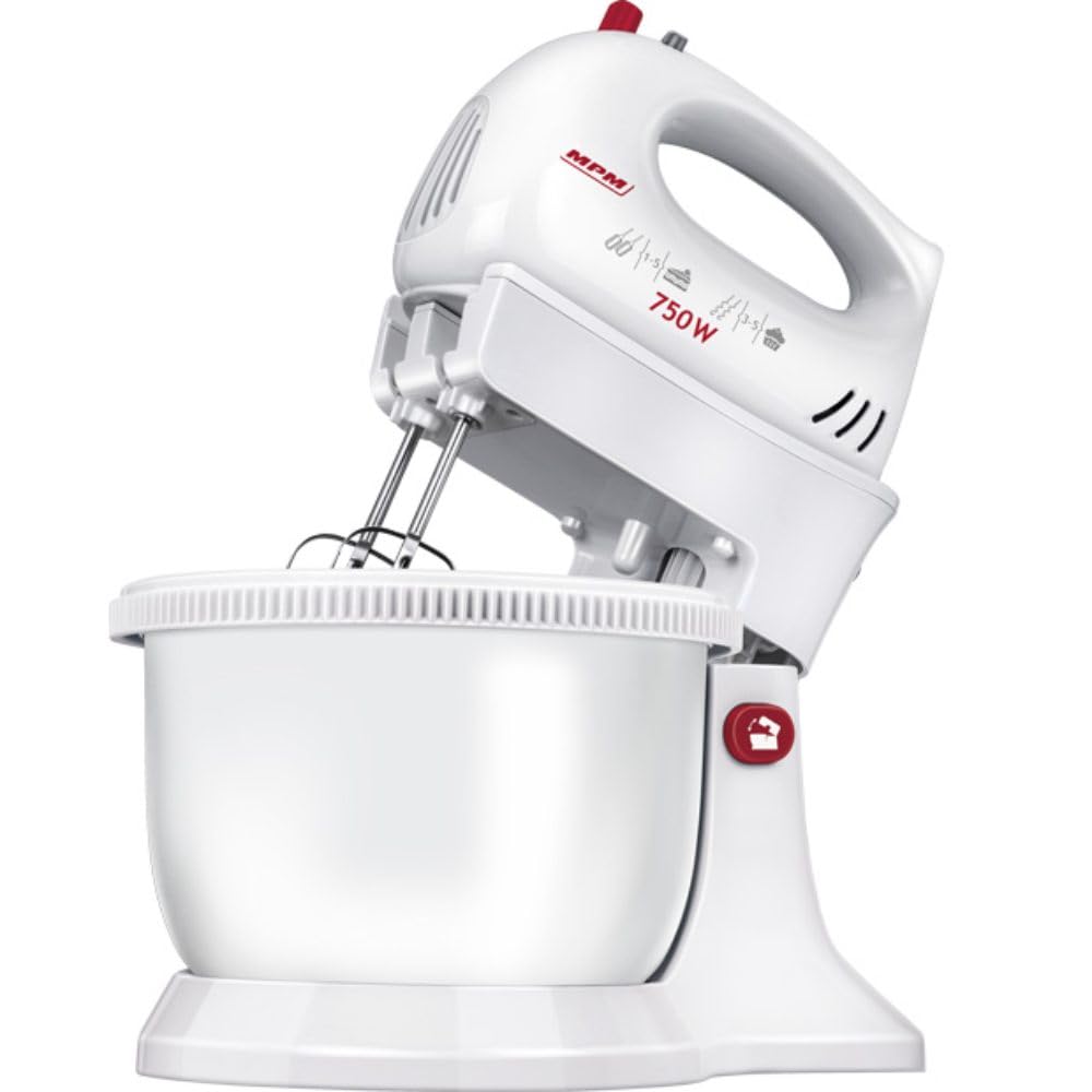 MPM MMR-22Z Teigknetmaschine mit 2 Rotierender Schüssel aus 3 L, BPA frei, Knetmaschine Küchenmaschine, 5 Geschwindigkeiten + Turbo, Stangen und Knethaken Edelstahl, Weiß, 750W