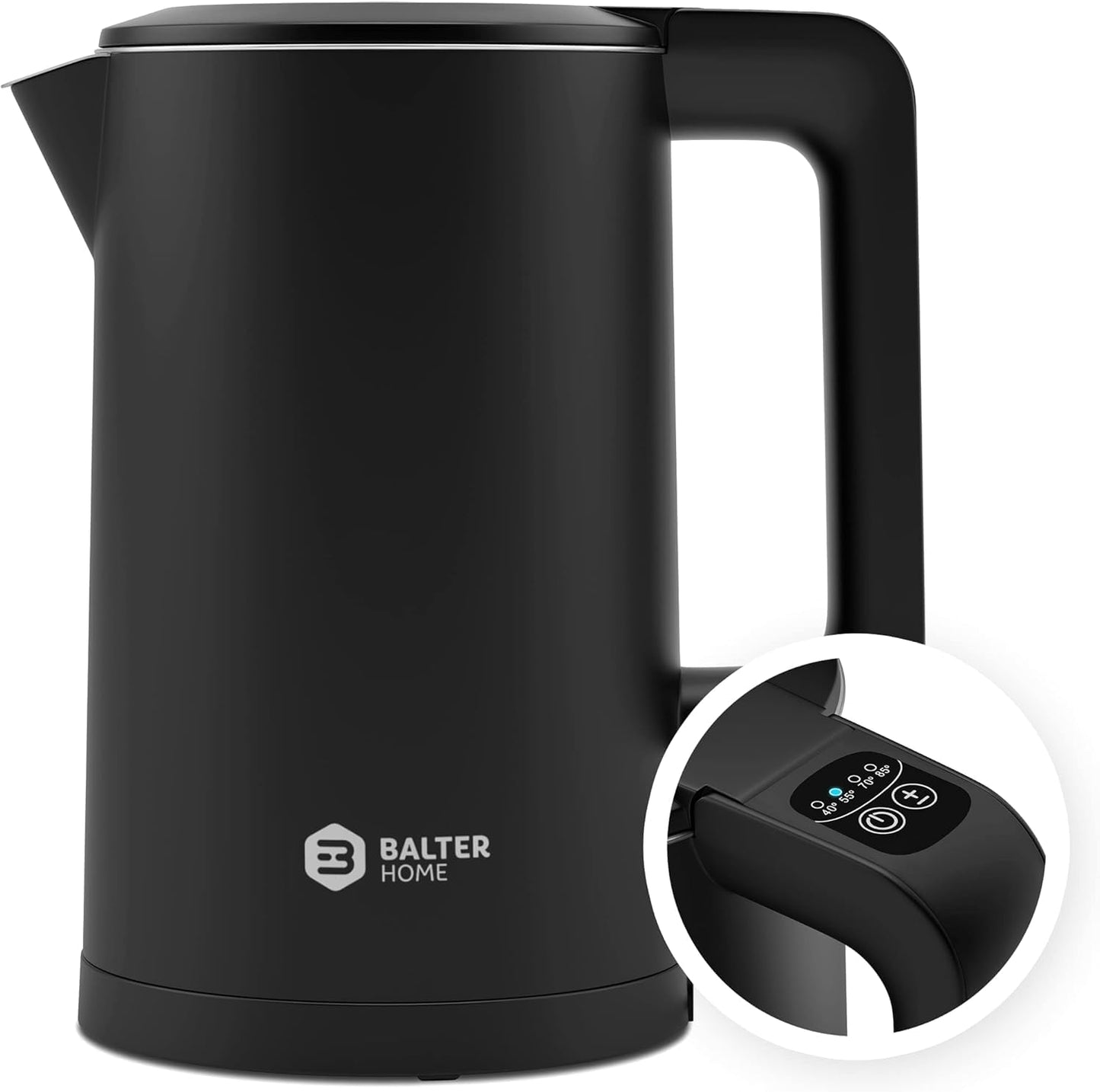 Balter Wasserkocher Edelstahl WK-4, 1,7 Liter, elektrischer Wasserkocher, Doppelwand Design, BPA frei, LED, Teekocher Kompakt, leise (Schwarz)