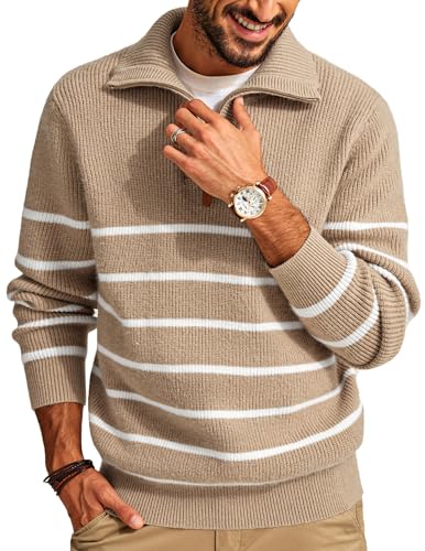 PJ PAUL JONES Men’s Quarter Zip Sweater – Striped Mock Neck Pullover