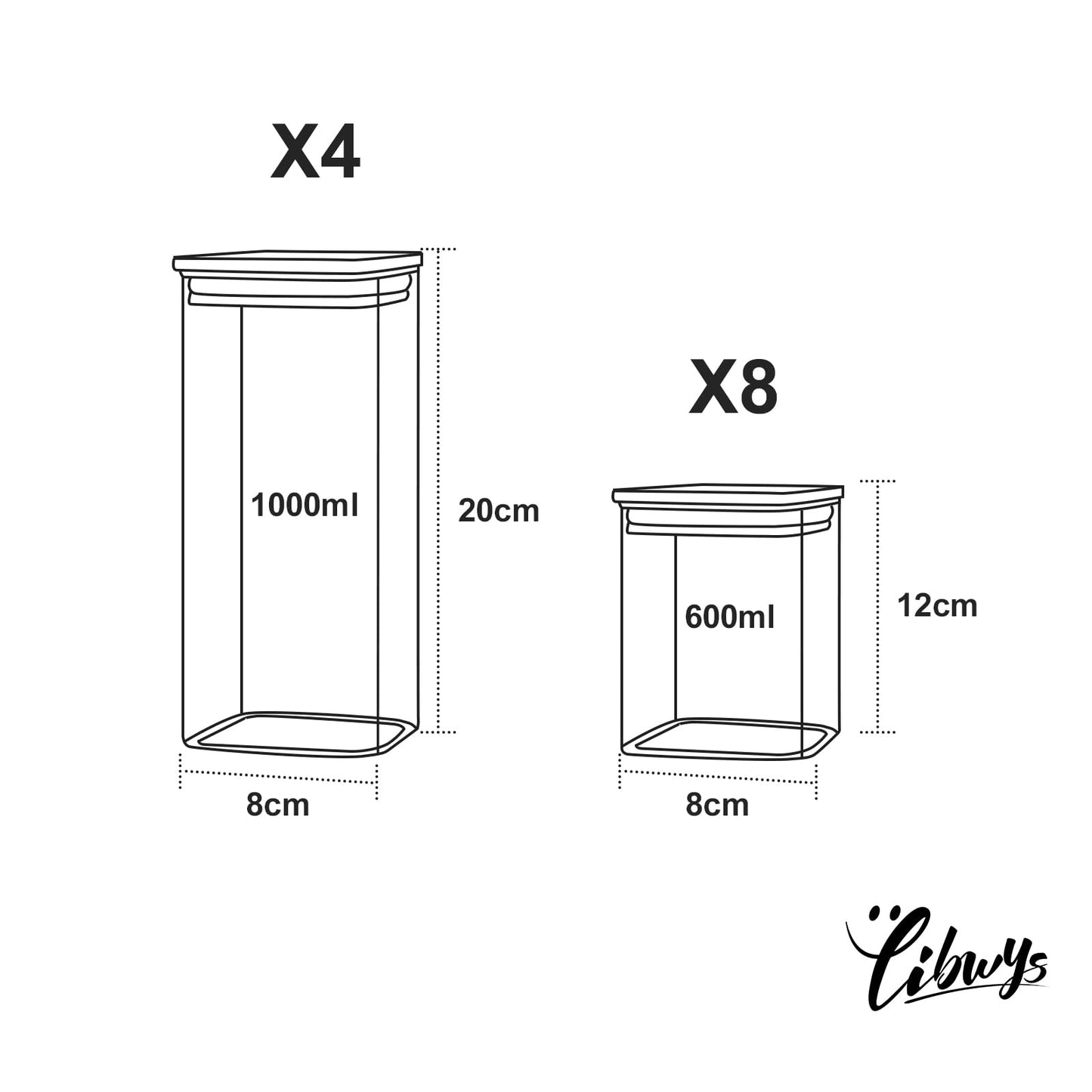LIBWYS 12er Set Vorratsgläser mit Deckel Eckig Vorratsdose Glas - in 3 Größen: 720ml;1150 ml; 1580 ml - 12pcs Plus Edition