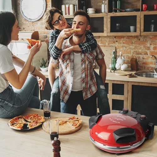 Ariete Pizzaofen 919, 4-Minuten-Pizza, Pizzaofen mit 5 Garstufen, Feuerfeste Platte zum Wiederaufwärmen, Holzbrettchen im Lieferumfang Enthalten, Max. Temperatur 400°C, 1200W, Rot