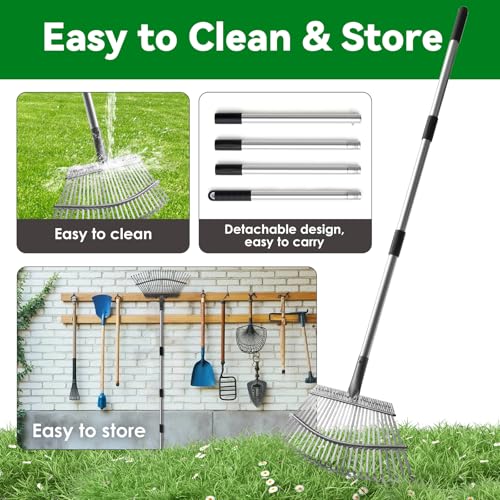 25-Zinken Garten Rechen für Laub, Rasen & Gras, Verstellbarer Langer Stiel Laubrechen, Breiter Metall-Rechenkopf, Ergonomisches Design, Effiziente Reinigung Laubsammler für Garten, Rasen, Moos