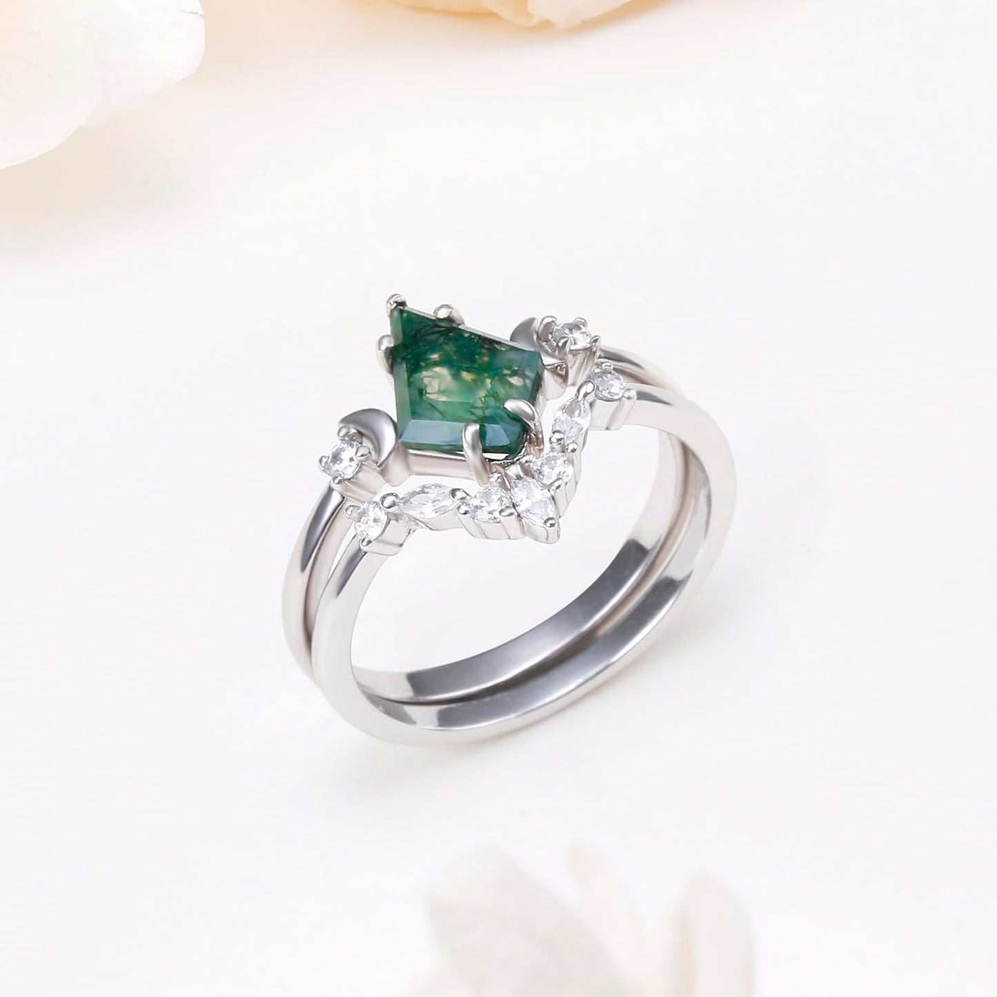 Natural Moss Agate Moon Ring Set