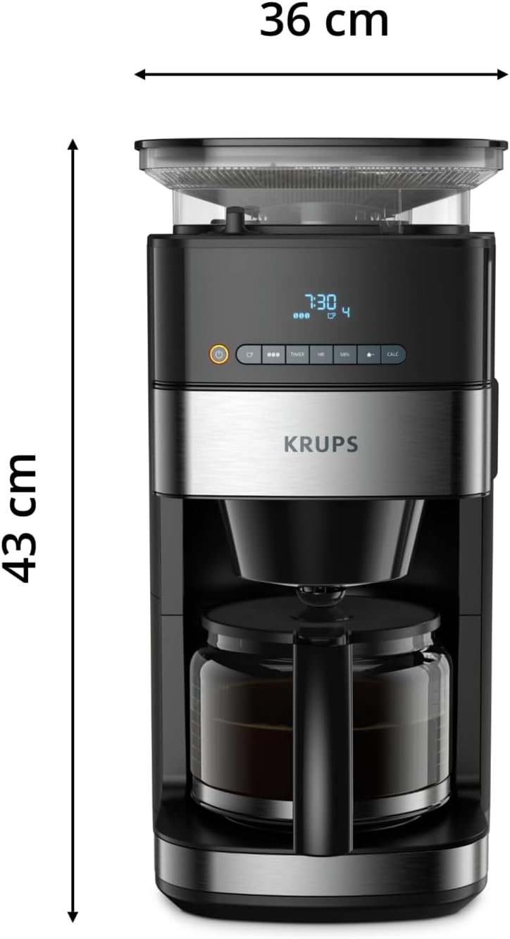 Krups KM8328 Grind Aroma Kaffeemaschine mit Mahlwerk | 24-Stunden-Timer | 180 g Bohnenbehälter | 1,25 L Fassungsvermögen für bis zu 15 Tassen Kaffee | Auto-Off-Funktion | 3 Mahlgrade | Schwarz