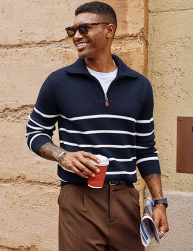PJ PAUL JONES Men’s Quarter Zip Sweater – Striped Mock Neck Pullover