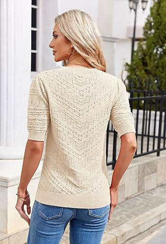 Women's Short Sleeve Knit Sweater – Casual Round Neck Puff Sleeve Pullover