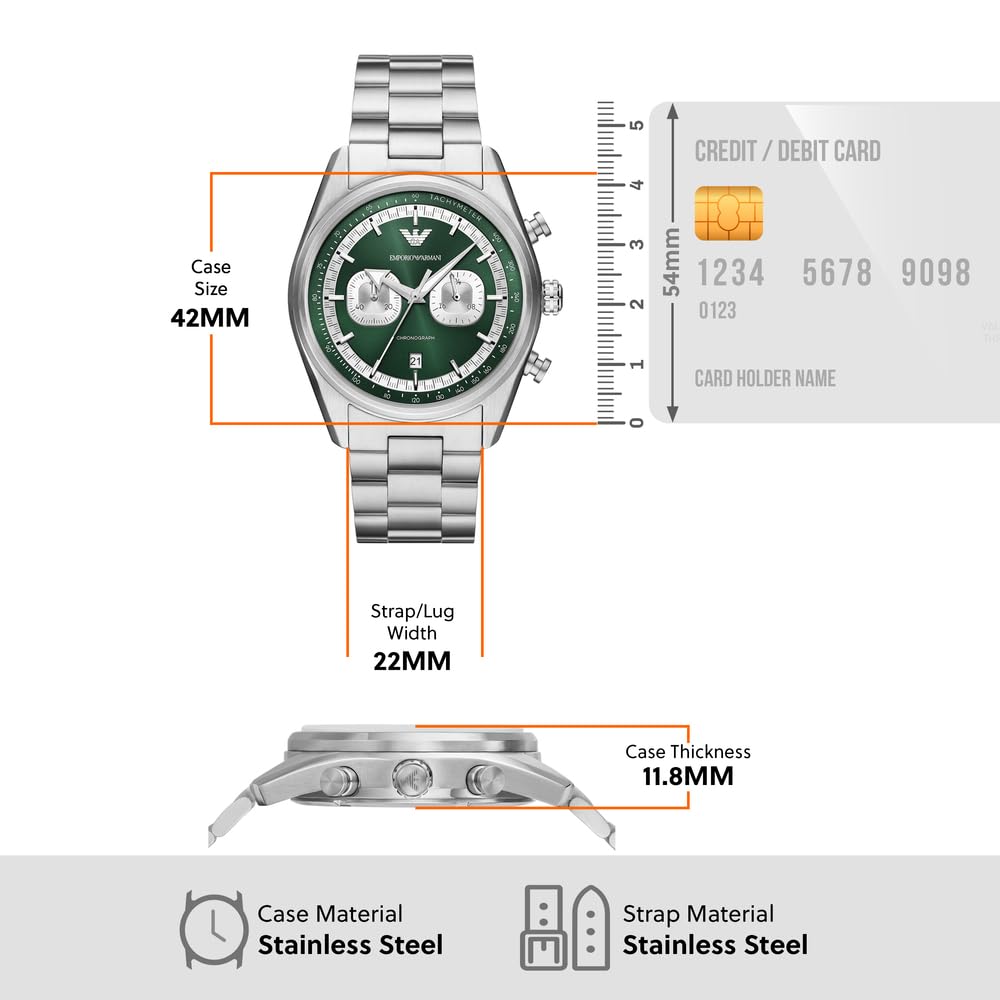 Emporio Armani Uhr für Männer, 2 Unterzifferblätter Chronographenwerk und 43mm Gehäusegröße mit Edelstahl-, Leder- oder Silikonarmband
