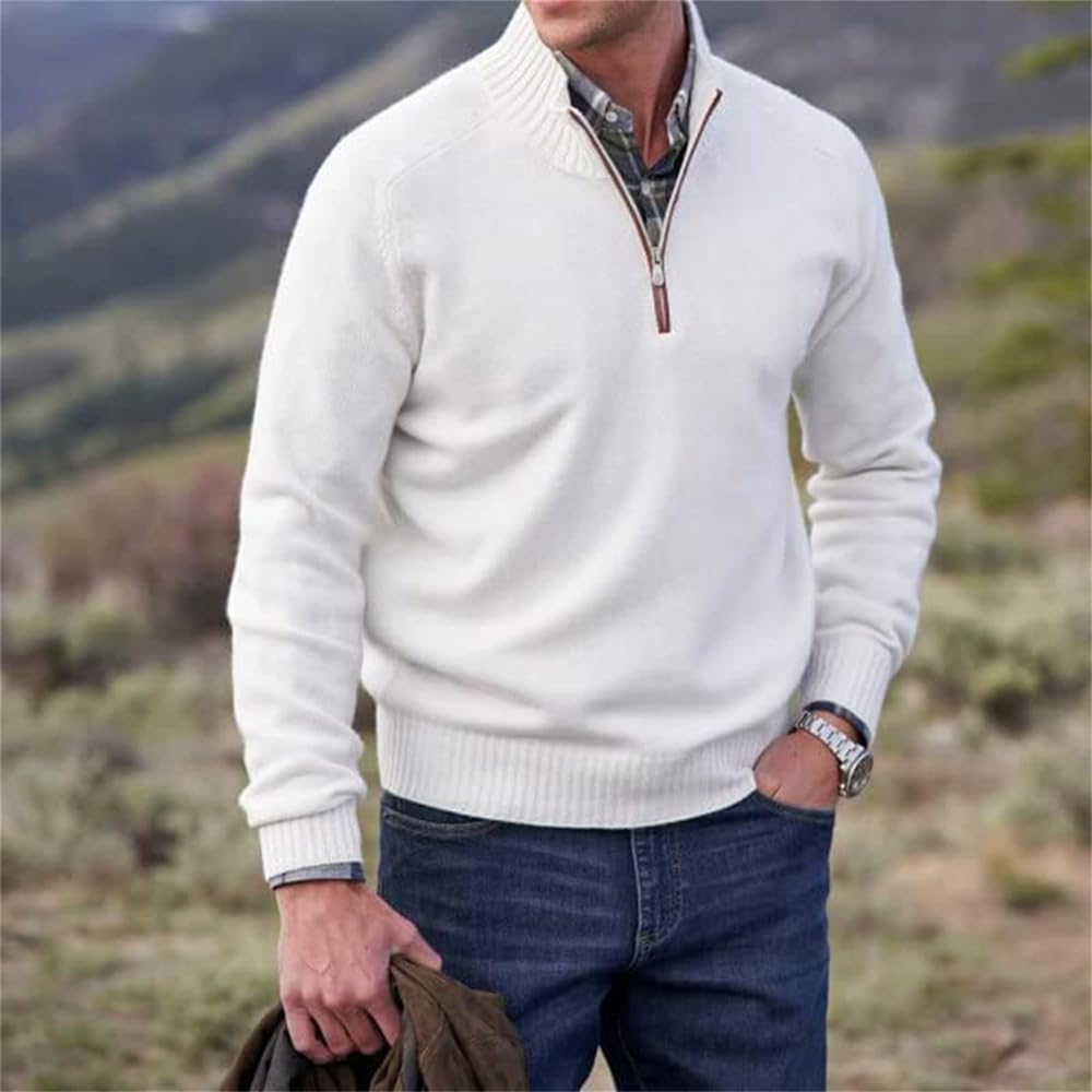 Men’s Cashmere Quarter-Zip Sweater – Soft Knit Stand Collar Pullover