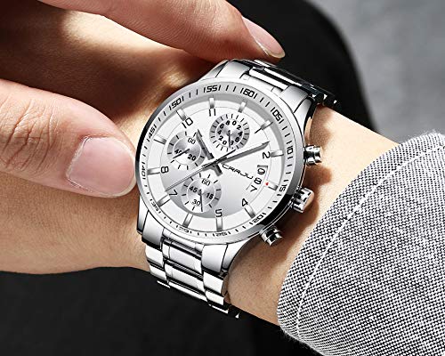 CRRJU Herren Uhr Business Edelstahl wasserdichte Chronographen mit Kalender Armbanduhr Edelstahlband Stoppuhr Analog Quarzuhr