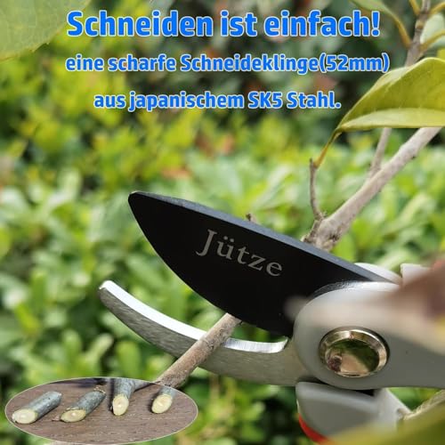 Jütze® Gartenschere für Sträucher und Blumen mit Rutschfester Griff & Edelstahl-Klinge, Leicht & Ergonomisch Rosenschere, Sicher mit Klingensperre, Beidhändig bedienbar, Länge 19cm