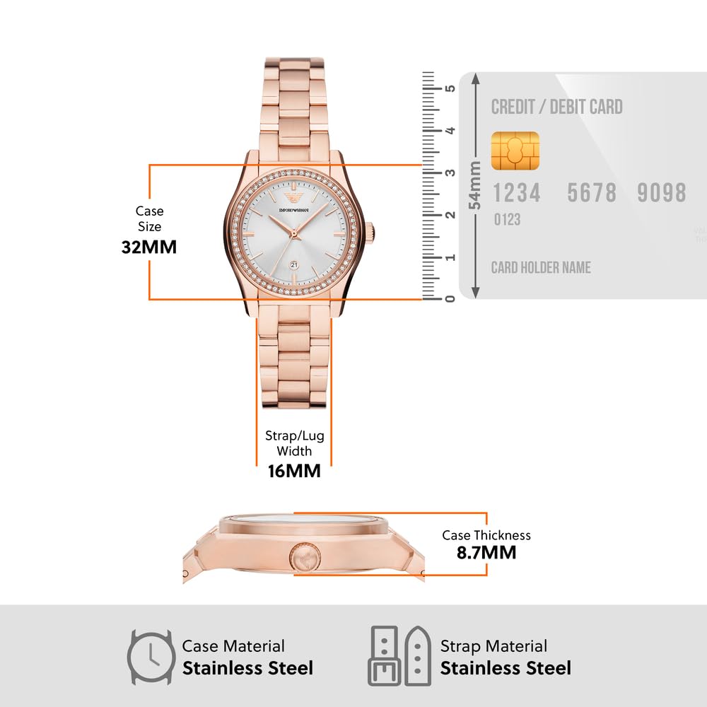 Emporio Armani Damenuhr, Dreizeiger Quarzwerk und 32mm Gehäusegröße mit Edelstahl-, Leder- oder Silikonarmband