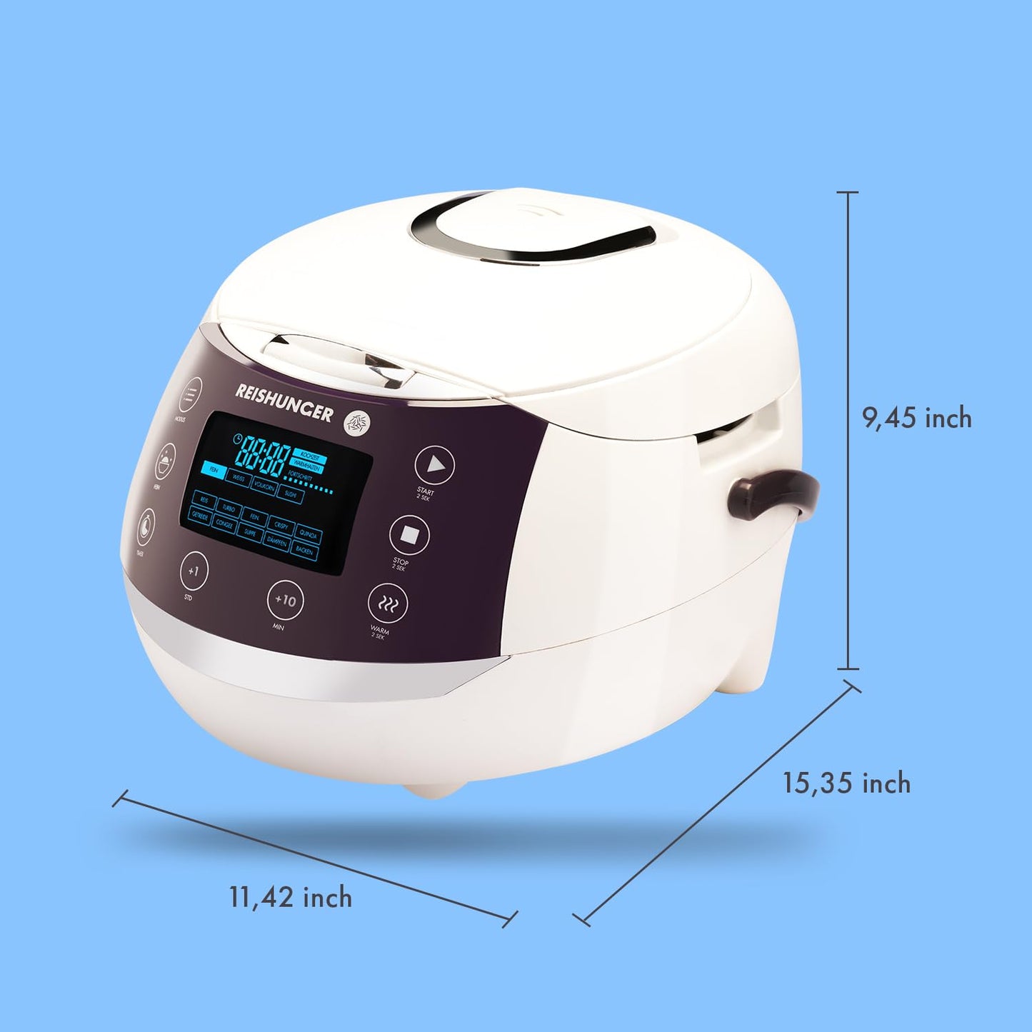 REISHUNGER Digitaler Reiskocher & Dampfgarer Grau | 1,5 L bis 8 Personen | Warmhaltefunktion, Timer & Premium Innentopf | Multikocher, 12 Programme, 7-Phasen-Technologie