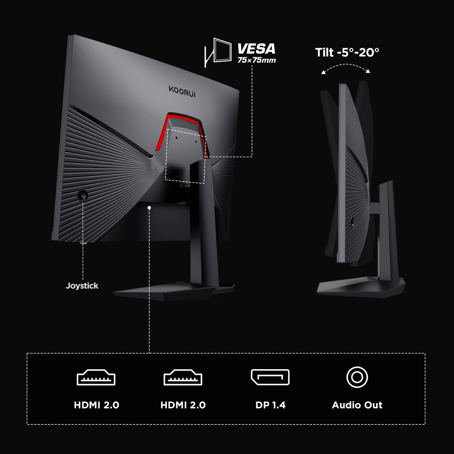 KOORUI Gaming Monitor 24 Zoll - FHD PC Bildschirm VA 165Hz 1ms Monitor 144hz, AdaptiveSync Technology, DCI-P3 85%, 2 x HDMI, DP Neigbar, Schwarz