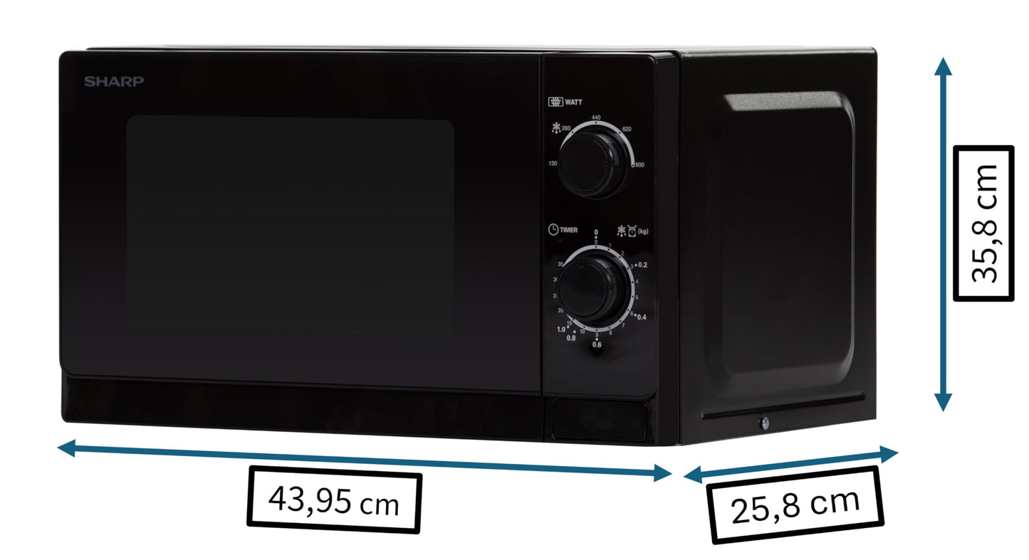 Sharp R200INW Solo-Mikrowelle / 20 L / 800 W / 5 Leistungsstufen / Timer von 35 Minuten bis 00 Sekunden / gewichtgesteuertes Auftauen / Energiesparmodus / Glasdrehteller (25,5 cm) / silber