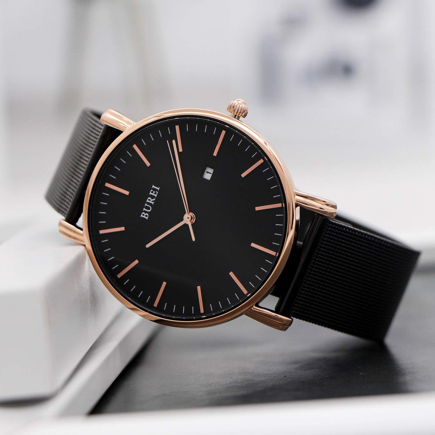 BUREI Ultra Dünne Uhren Herren Schwarze Analoges Datum Armbanduhr Herren mit Japanisches Quarzwerk, Geschenke für Männer