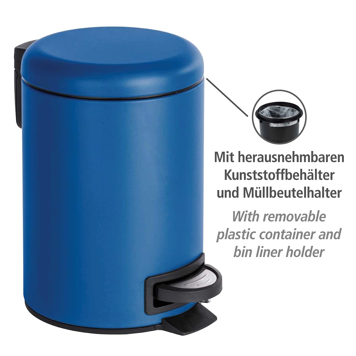 WENKO Treteimer Mod. Leman 3 Liter mit herausnehmbarem Einsatz aus lackiertem Stahl ideal für Badezimmer oder Küche 17 x 25 x 22,5 cm Schwarz matt