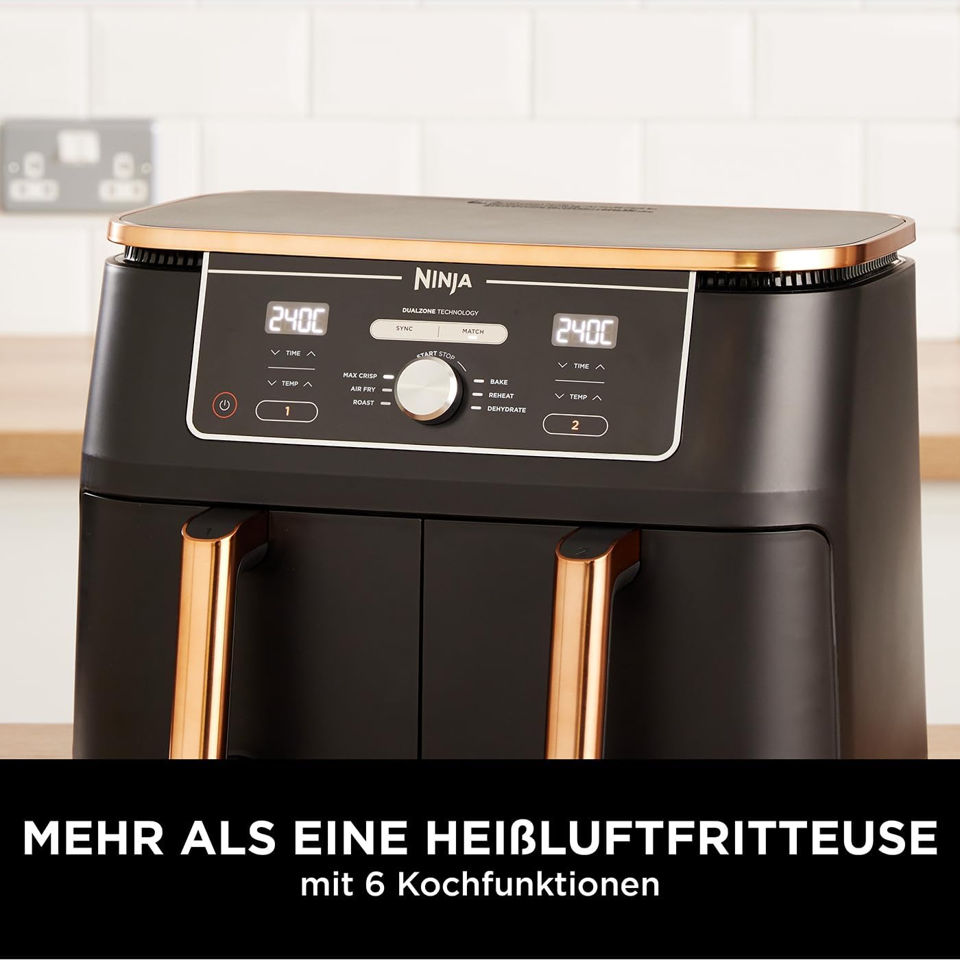 Ninja Foodi MAX Dual Zone Heißluftfritteuse, 9,5L Airfryer, 2 Fächer, mit Zange, Antihaftbeschichtung, spülmaschinenfeste Körbe, 6-in-1, Kupfer/Schwarz