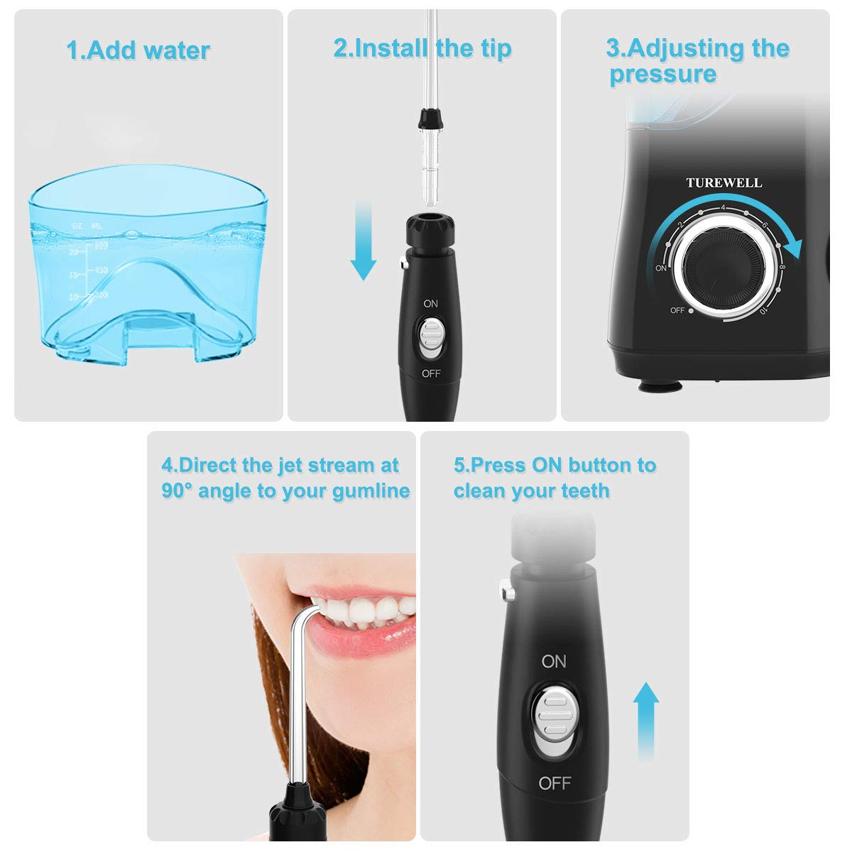 TUREWELL Elektrische Munddusche, Profi-Munddusche mit 10 einstellbaren Wasserdruckwerten, 600ml Fassungsvermögen und 8 multifunktionalen Düsenspitzen (Schwarz)