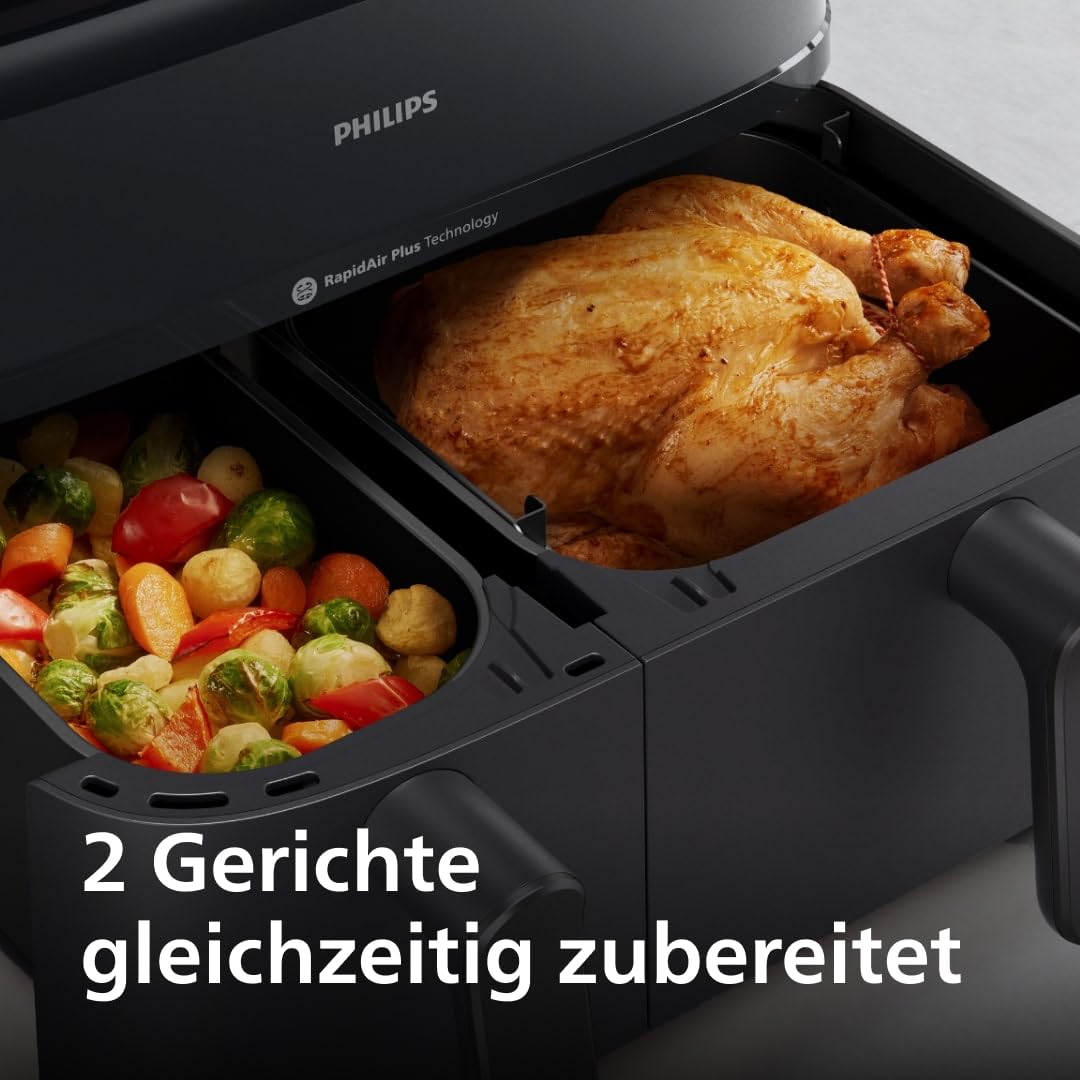 Philips Airfryer Dual Basket 3000 Series, 9L, 2 Körbe, 2 Gerichte gleichzeitig fertig, RapidAir Plus Heißlufttechnologie, 90% weniger Fett, Energieeffizient, HomeID Rezepte-App