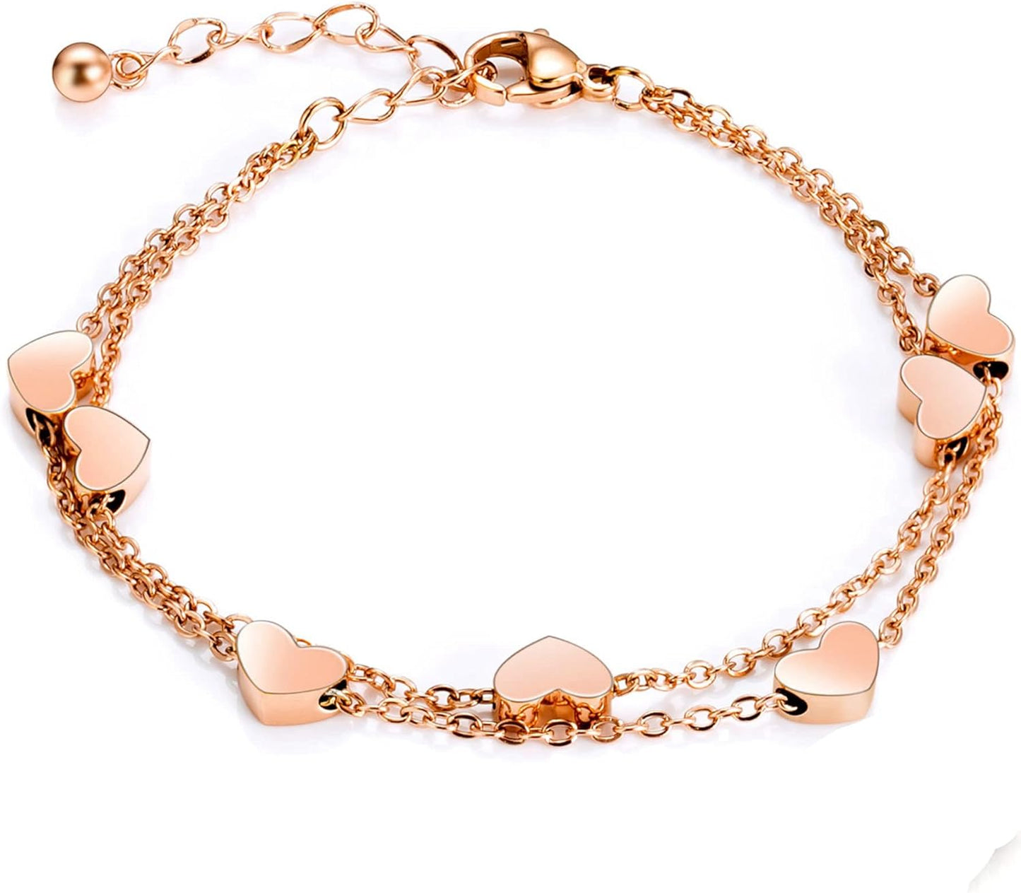 Rose Gold Heart Charm Bracelet for Women – Double Layered