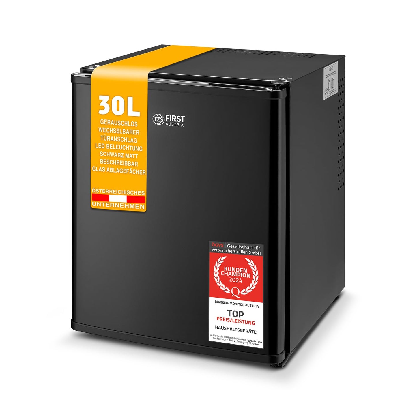 TZS First Austria - Mini fridge with lock, EEK A+, minibar, 0 dB noiseless, silent, bedroom, door hinges can be changed, approx. 4°C - 16°C, height 57cm, effective volume 35 L, interior lighting