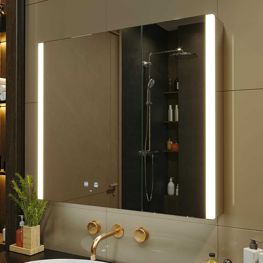 KWW LED Beleuchtetes Badezimmer Medizin Kabinett mit Spiegel, Farbtemperatur Einstellbar, Anti-Nebel Dimmbare Lichter, Steckdosen für USBs (80 x 70 cm)
